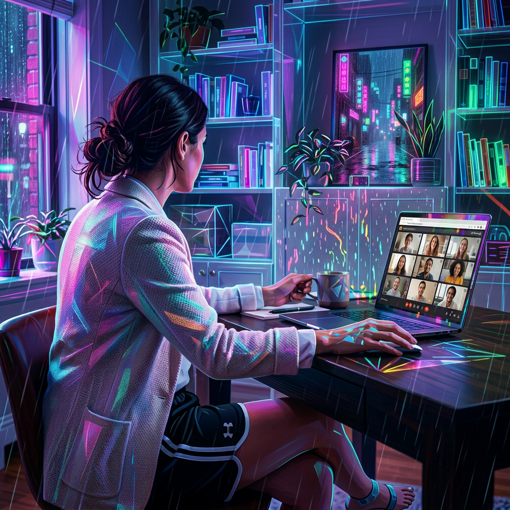 Woman attending virtual meeting on laptop with nine colleagues visible on screen