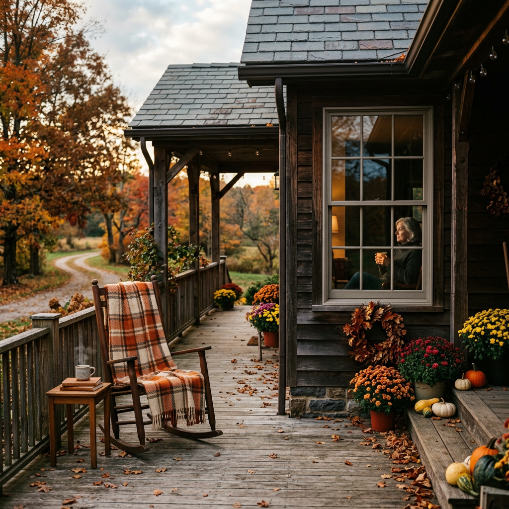 Front porch with rocking chair, plaid blanket, fall flowers, pumpkins, and elderly woman sitting inside by window