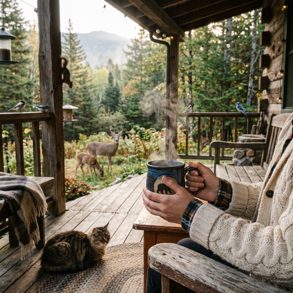 Person holding a steaming mug on a cabin porch with deer, birds, and a cat nearby