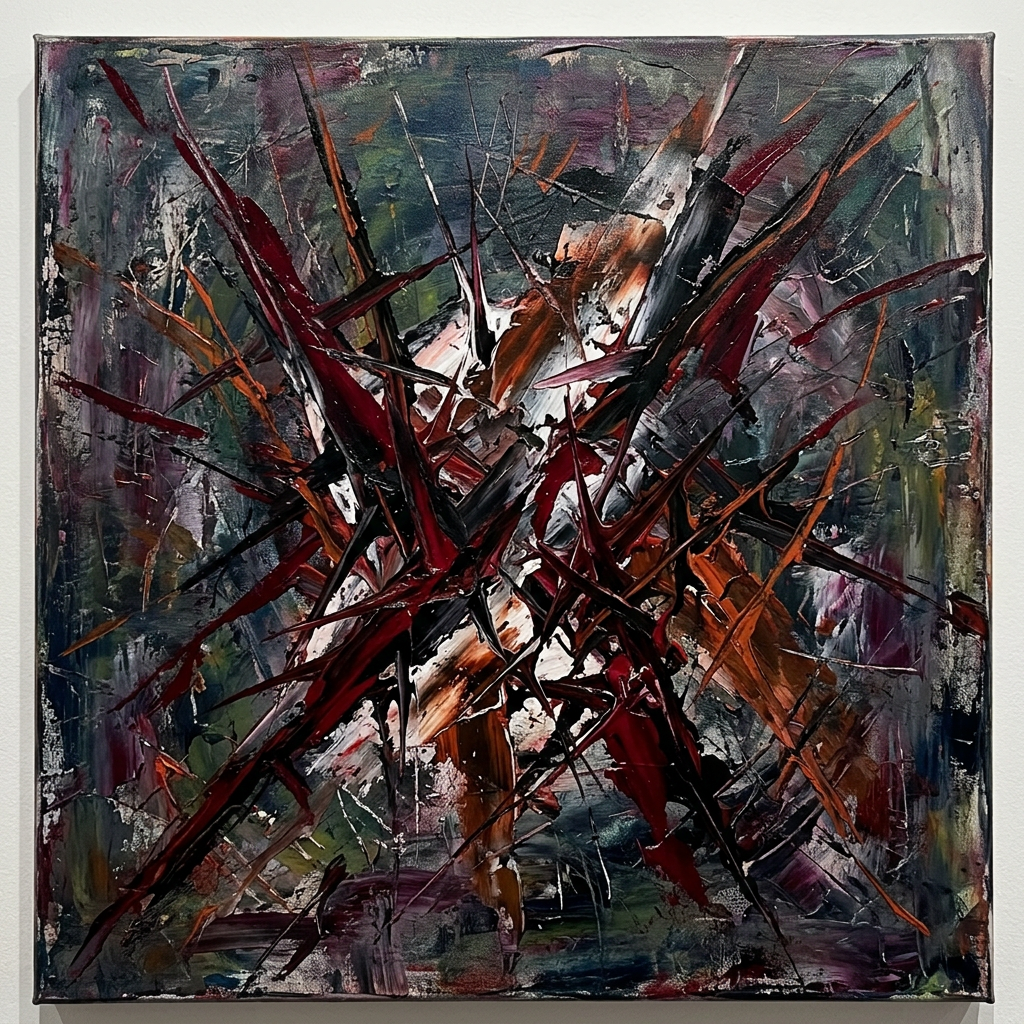 Abstract painting with jagged crimson, black, orange, and white forms