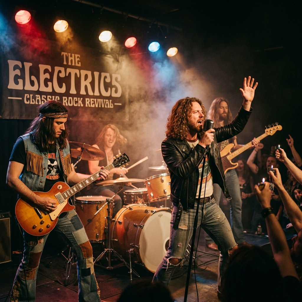 The Electrics performing classic rock onstage before an enthusiastic audience