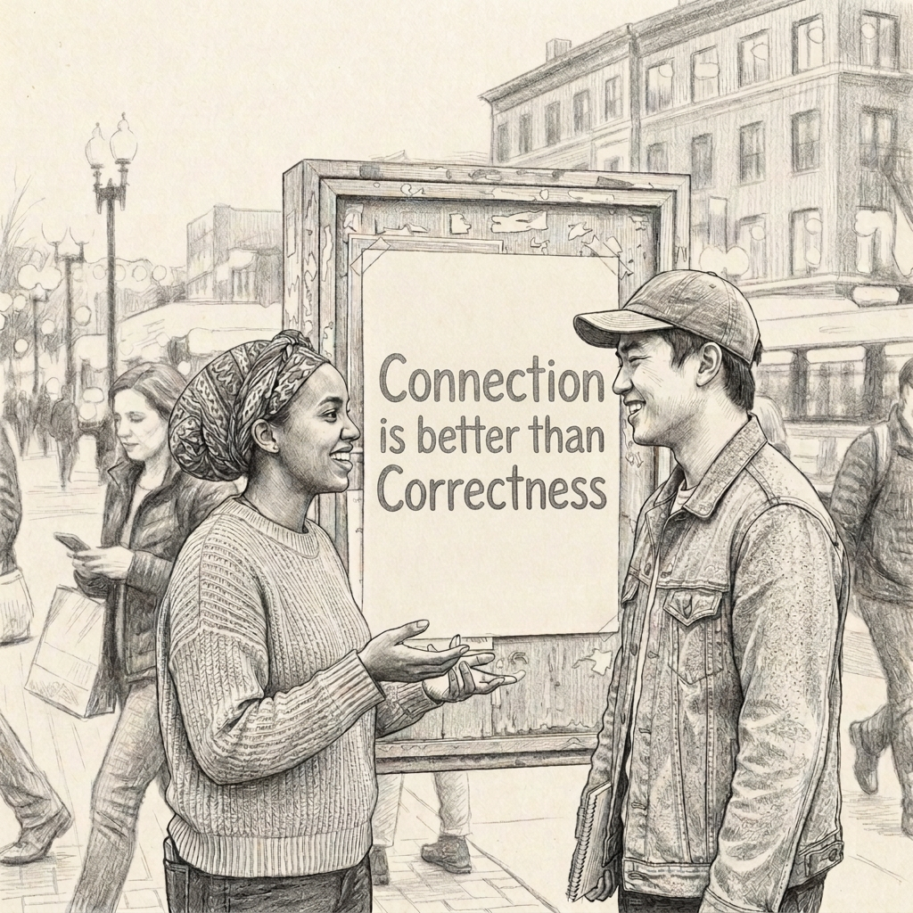 Two people beside sign reading “GRAMMAR DOESN’T MATTER IF YOU COMMUNICATE SUCCESSFULLY. Connection > Correctness.”