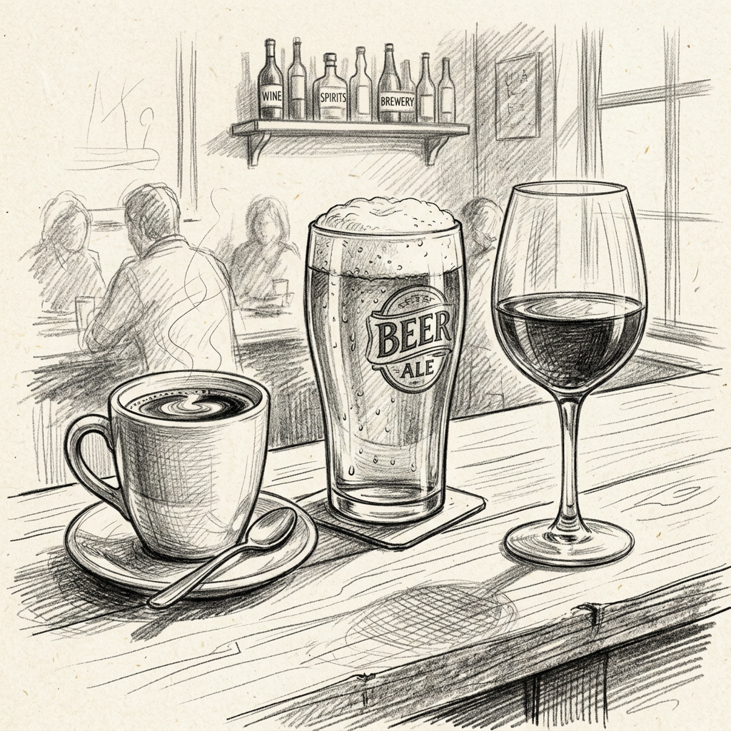 Coffee, ale, and red wine on a café table with bottles behind